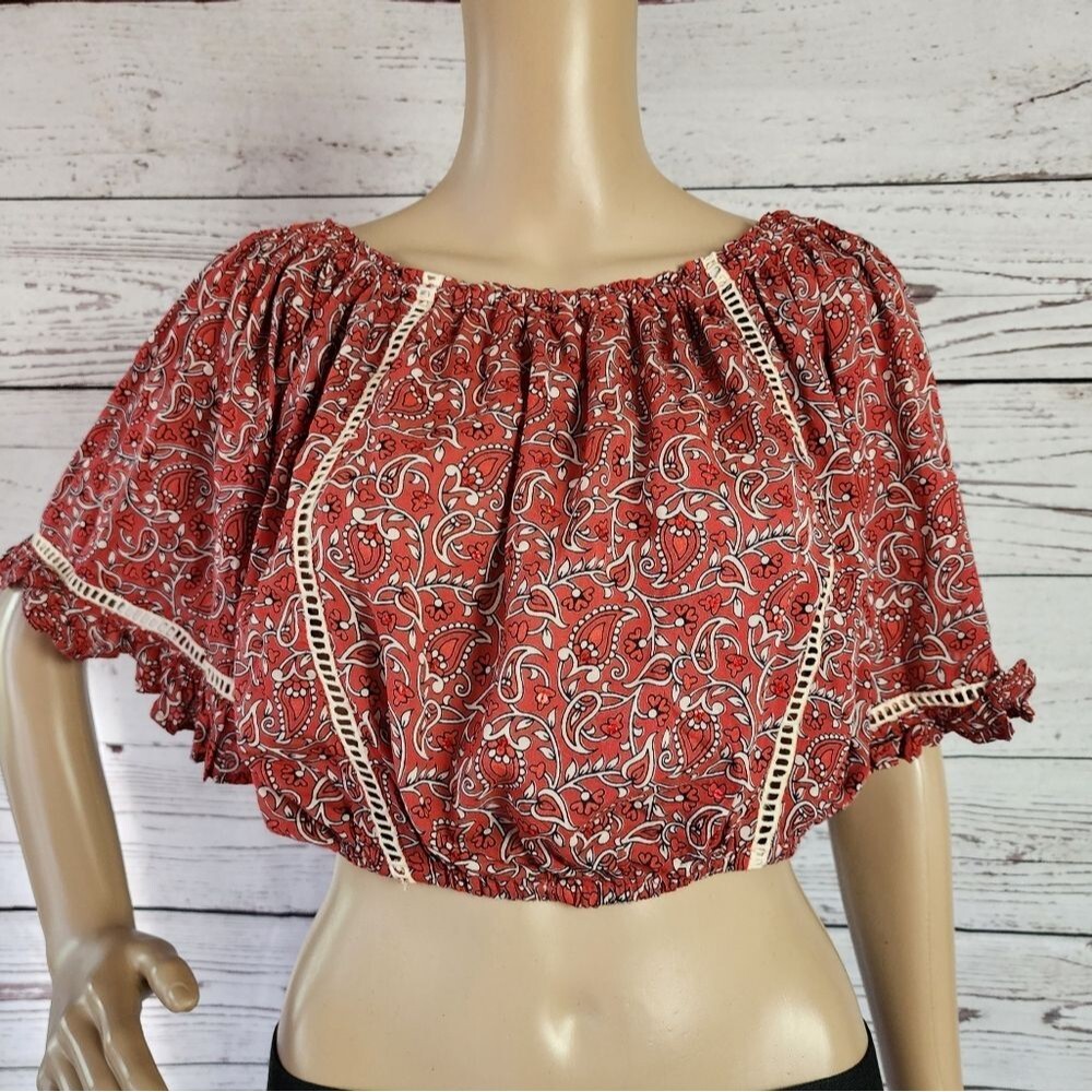 Miss June Paris Red Paisley Boho Crop Top  O/S NWT
